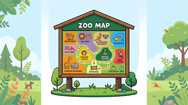 Cartoon zoo map signboard illustration displayed in a lush park setting
