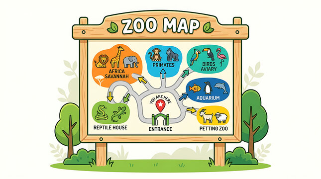 Cartoon zoo map signboard illustrating different animal enclosures and visitor pathways