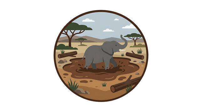 Elephant standing in a mud puddle within an African savanna landscape