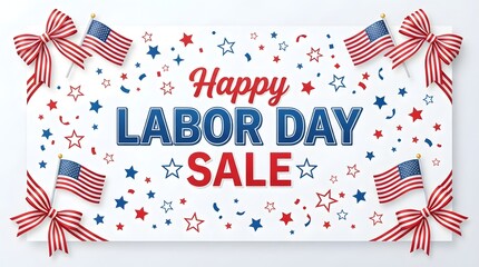 Obraz premium Happy labor day sale banner with american flags and red, white, and blue stars isolated on white background