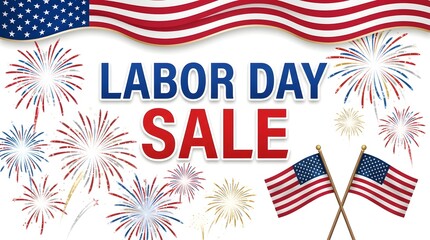 Obraz premium Labor day sale banner with fireworks and american flags isolated on white background