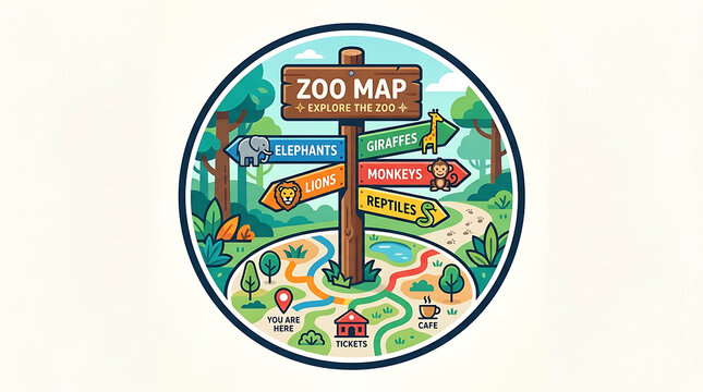 Illustrated circular zoo map signpost with directional animal indicators