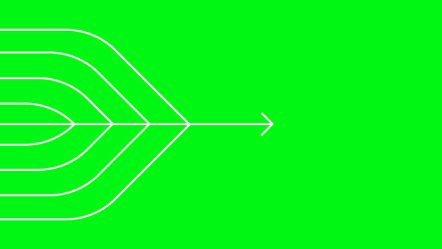 Abstract representation of multiple white curved lines converging into a single arrow pointing right on a bright green background symbolizing direction and convergence of ideas or paths towards a