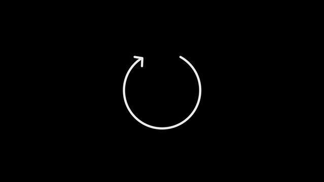 A simple white circular arrow with a single arrow indicating rotation or refresh on a plain black background representing a loading or repeating process in digital interfaces and applications
