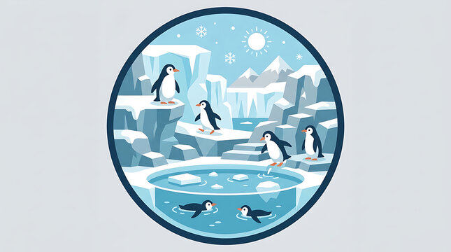 Penguins in an arctic habitat with icebergs and freezing water
