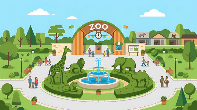 People visiting a zoo entrance with animal shaped hedge sculptures and a central fountain
