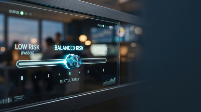 Risk tolerance dashboard generative AI investments balance risk and reward with futuristic financial analytics and glowing interface