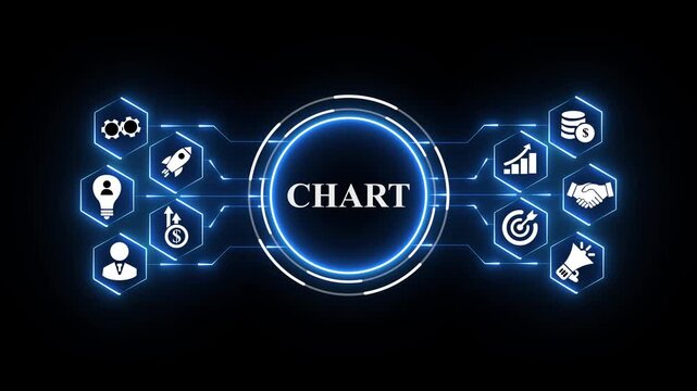 Digital infographic with central word CHART surrounded by glowing blue hexagonal business concept icons