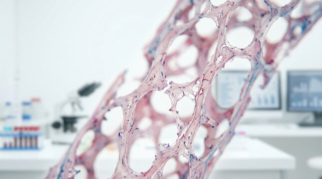 Trabecular bone tissue showing osteoporosis under microscope in medical laboratory setting