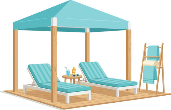 Luxury beach cabana with turquoise lounge chairs. Tropical resort gazebo on wooden deck. Summer vacation sunbed vector illustration.