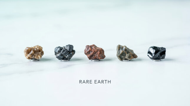 Rare earth elements supply displayed as five unprocessed mineral specimens on white surface with subtle educational text and clean spacing