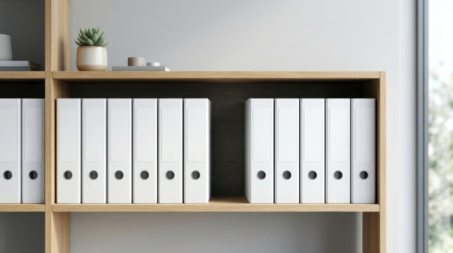 White binder office shelf document storage staffing shortages challenge workplace organization with orderly folders and modern interior design