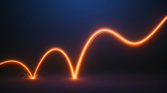 Strategic navigation glowing path tracing bright orange curve through darkness with energetic sparks and smooth motion toward uplifting horizon