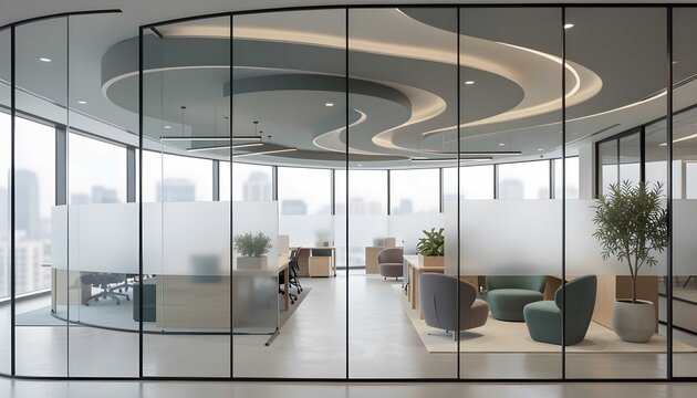 Contemporary coworking interior with glass architecture and urban views