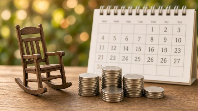Retirement Planning Concept with a Miniature Rocking Chair and Stacks of Savings Coins