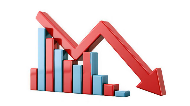 Red downward arrow over a shrinking bar chart on white background