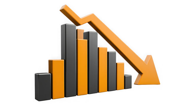 3d bar chart with a downward trend arrow on a white background