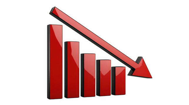 Red bar chart with a downward arrow showing financial decline