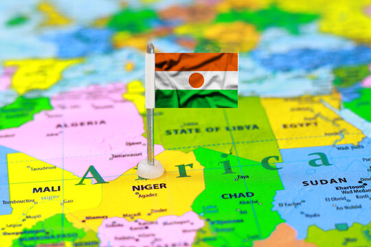 Map Pin Marking Niger with National Flag on Africa Map