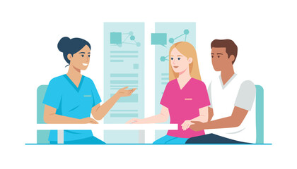 Fototapeta premium Nurse in blue scrubs provides a medical consultation to a young couple sitting at a desk during a clinic health visit.