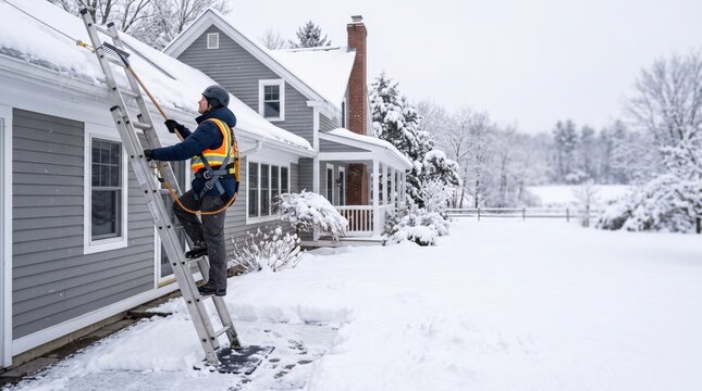 Winter roof care a worker removes snow from a residential roof during chilly weather to ensure safety and prevent damage