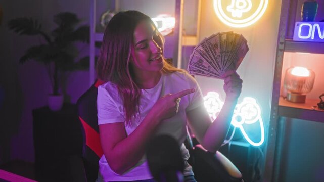 Woman points finger to fanned dollars while smiling and holding cash in a gaming studio with neon controller sign, chair and microphone; confident success.