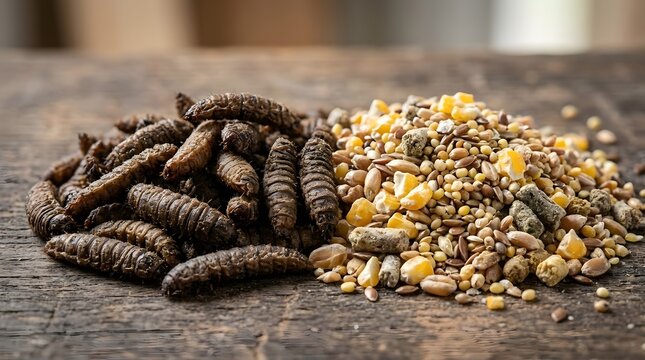 Dried Black Soldier Fly Larvae Side by Side with Grains for Animal Poultry Feed