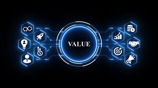 Business value creation 4K animation video with glowing blue network grid data flow loop