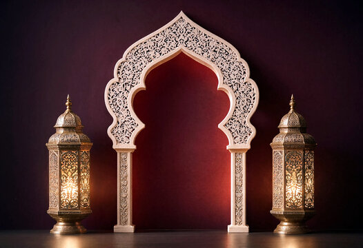 Ornate Moroccan archway with intricate carvings and two decorative lanterns glowing warmly on a dark background