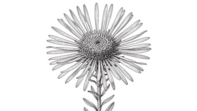 Aster flower botanical line drawing with thin petals, leaves and stem