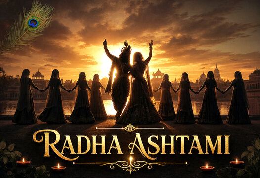 Radha Ashtami celebration with traditional dance and golden sunset over temples and river