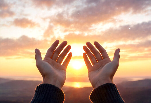 Silhouette of hands raised towards a beautiful sunrise over mountains and clouds in the sky