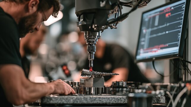 Machine precision coordinate measuring machine CMM scanning aerospace turbine blade, ruby-tipped probe touching blade surface at programmed measurement point, surrounding temperature-controlled 