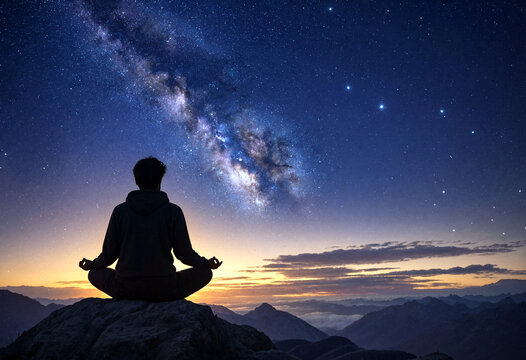 Silhouette of a person meditating on a mountain under a starry night sky with the Milky Way galaxy visible