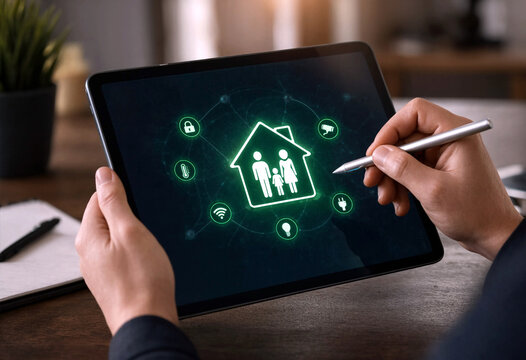Smart home technology concept with digital tablet showing house security and family icons on screen