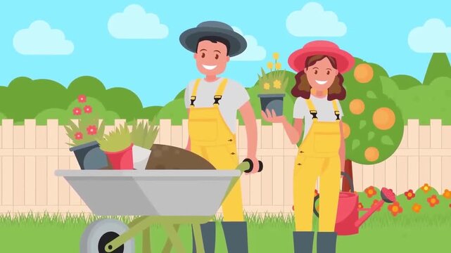 2D Animated Man and Woman Farmers Standing in Garden with Wheelbarrow and Harvest Basket Flat Vector Character Animation Footage