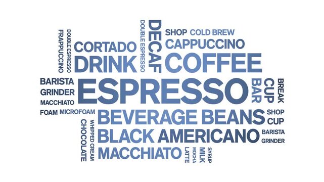 Espresso coffee animated word cloud-animation tag kinetic typography seamless loop.