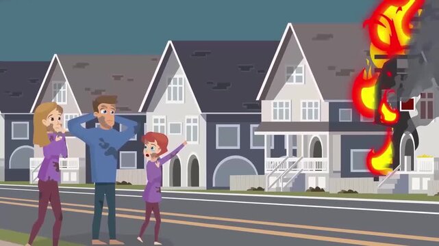 2D Animated Panicked Family Standing in Front of House Fire Emergency Scene Flat Vector Character Animation Footage