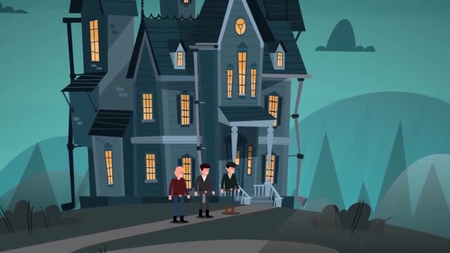 2D Animated Spooky Haunted Mansion House Exterior at Night with Dark Trees Flat Vector Motion Graphics Animation Footage