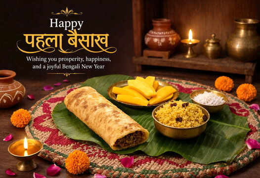 Traditional Bengali New Year Pohela Boishakh celebration with food and decorations on a rustic table setting