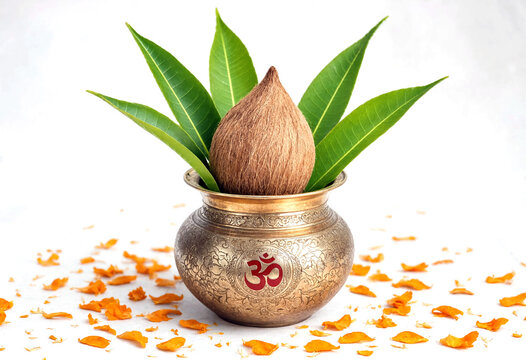 Traditional brass pot with coconut and mango leaves on white background for spiritual rituals