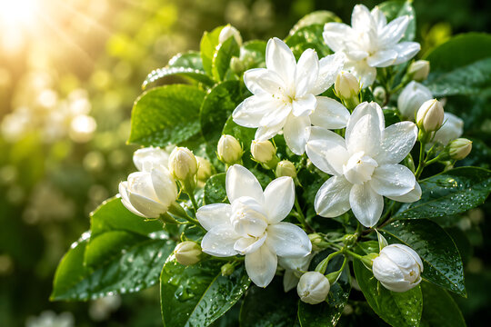 Beautiful White Jasmine Chambeli Flowers with Dew Drops and Green Leaves in Warm Morning Sunlight