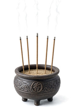 Traditional ceramic incense burner with sticks emitting smoke isolated on transparent background