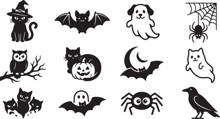 Obraz premium Set of halloween-themed black silhouettes featuring cats, bats, ghosts, spiders, owls, and crows on a white background
