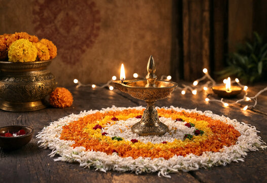 Traditional indian diya lamp with colorful rangoli design and marigold flowers for festival celebration