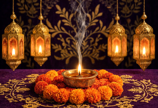 Traditional Indian diya with marigold flowers and ornate lanterns on a richly decorated background
