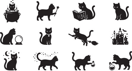 Obraz premium Twelve black cat silhouettes engaged in magical activities with cauldrons, potions, books, and stars on a white background isolated
