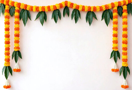 Traditional Indian marigold flower garland with green leaves hanging decoration for festivals and celebrations