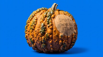 Fototapeta premium Textured knobby orange warty pumpkin with engraved message on solid blue background for autumn harvest concept