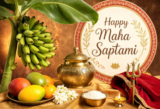 Traditional Maha Saptami celebration with fruits bananas pot flowers and sacred items on golden cloth